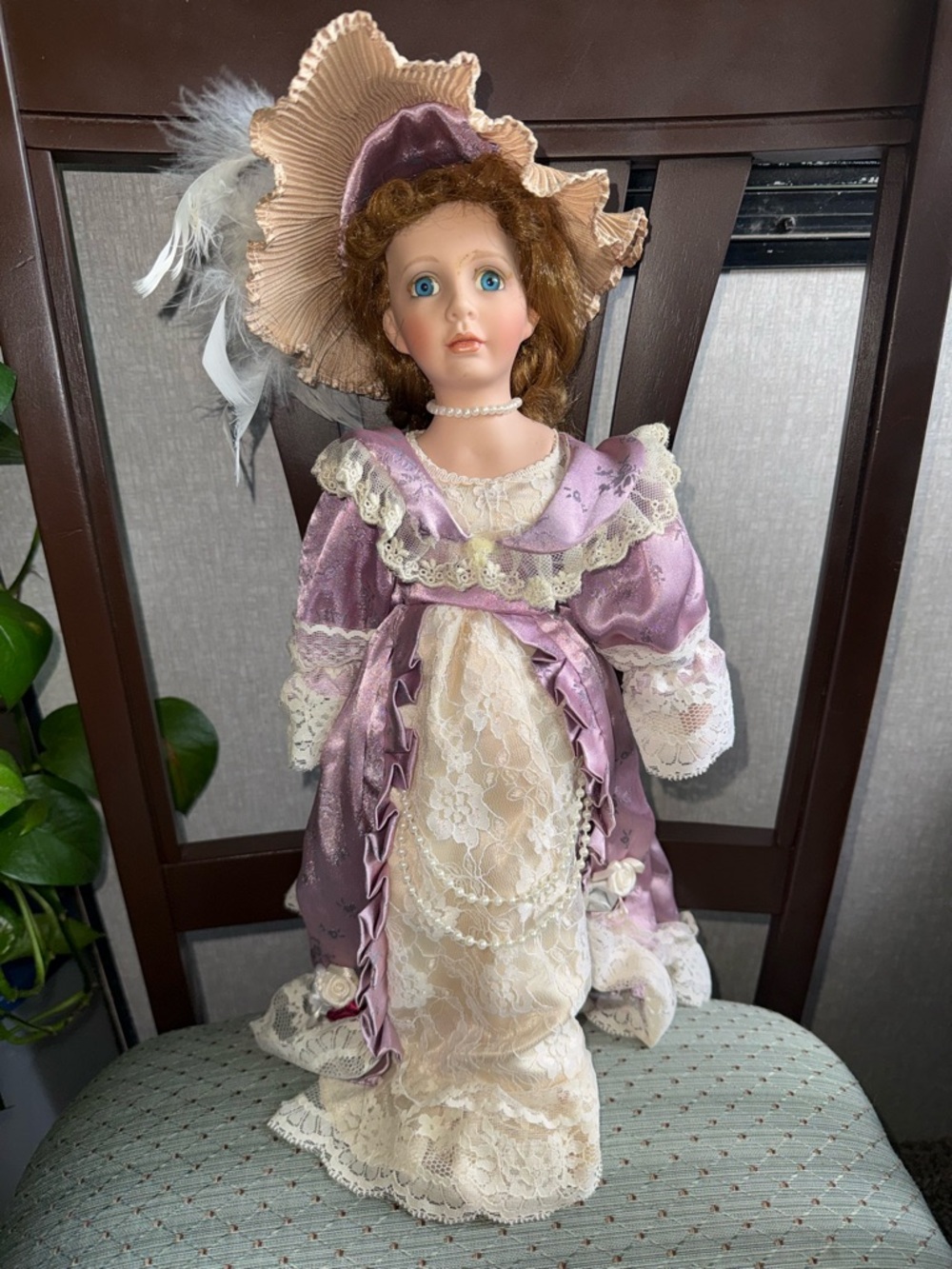 Victorian Style Porcelain Doll Collectible Purple Dress Umbrella Lace Pearls